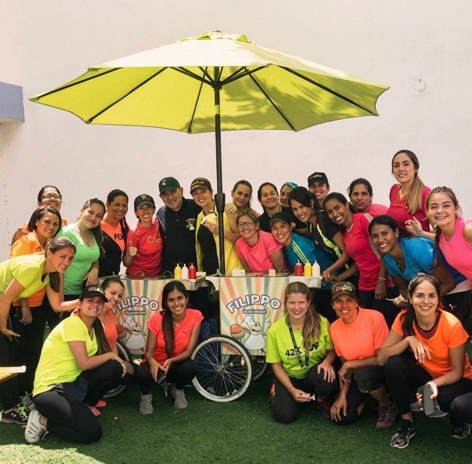 Filippo Costa rodeado por un grupo grande de invitadas sonrientes en un evento — todas posando alrededor del carrito de Filippo en tu Fiesta.